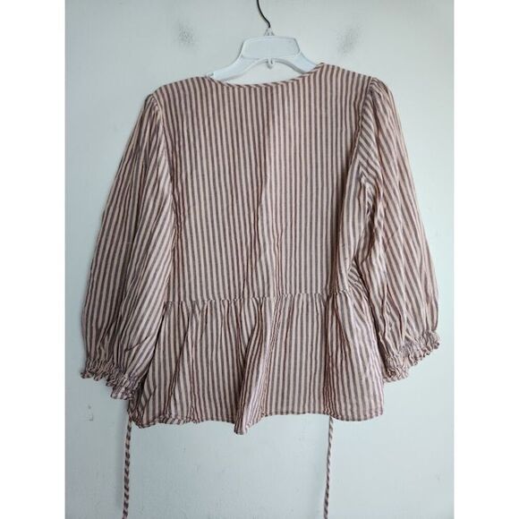 Madewell Dusty Pink w/Grey Stripes Cotton Tie Wrap Blouse size Large - Picture 5 of 6